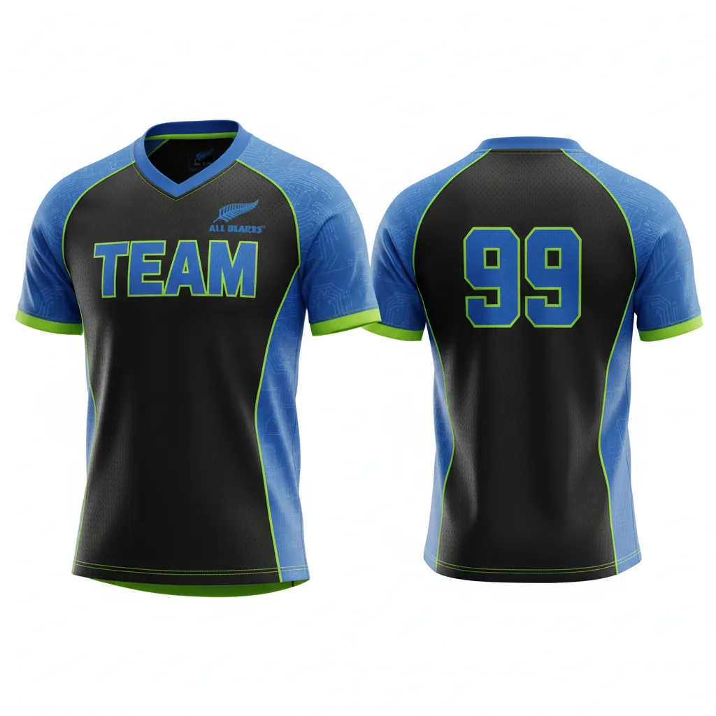 Custom Esports Short Sleeve Esports Jersey - Blue, Green - Ss All Blacks Electric Neon - Front View - Kinexa Sportswear