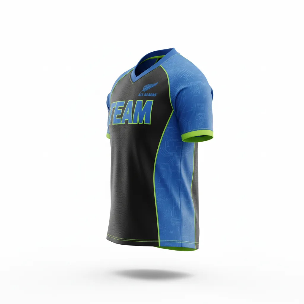 Custom Esports Short Sleeve Esports Jersey - Blue, Green - Ss All Blacks Electric Neon - Side View - Kinexa Sportswear