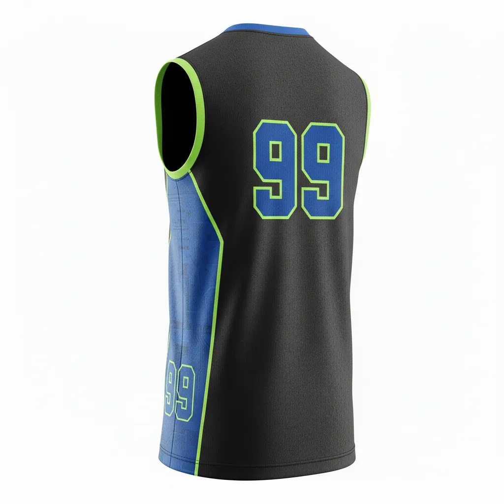 Custom Esports Sleeveless Esports Jersey - Blue, Green - All Blacks Electric Neon - Back View - Kinexa Sportswear