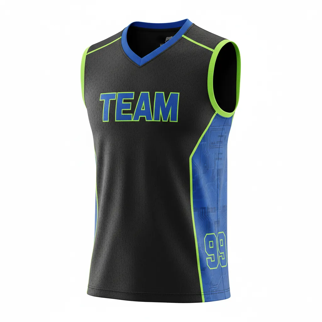 Custom Esports Sleeveless Esports Jersey - Blue, Green - All Blacks Electric Neon - Front View - Kinexa Sportswear