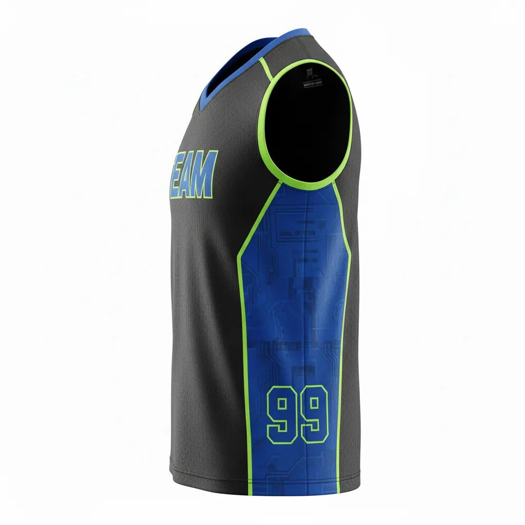 Custom Esports Sleeveless Esports Jersey - Blue, Green - All Blacks Electric Neon - Side View - Kinexa Sportswear