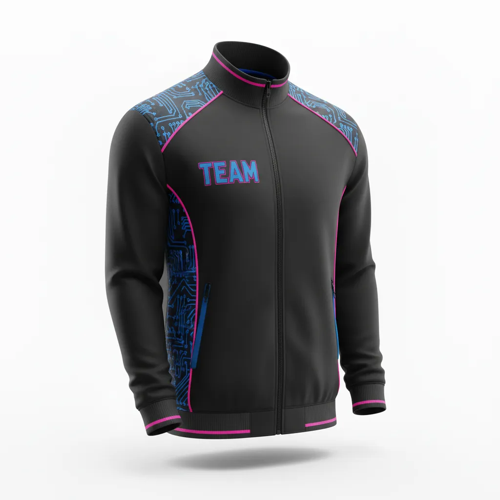 Custom Esports Track Jacket - Blue, Pink - All Blacks Electric Hot - Front View - Kinexa Sportswear