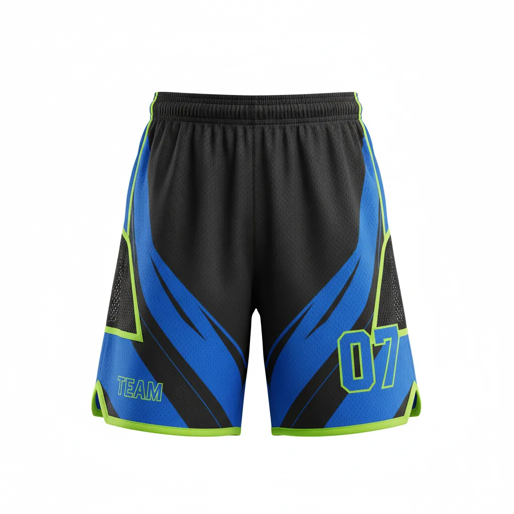 Custom Esports Training Shorts - Blue, Green - Perf All Blacks Electric Neon - Front View - Kinexa Sportswear