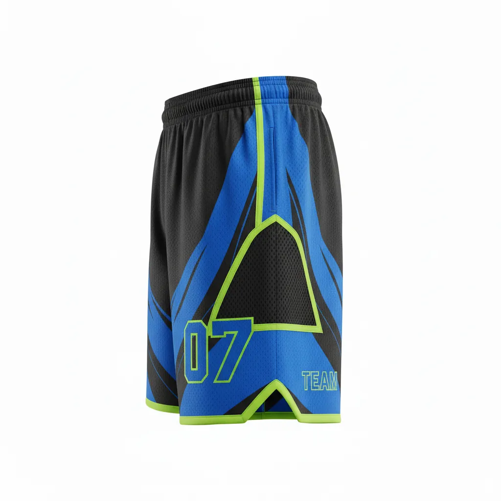 Custom Esports Training Shorts - Blue, Green - Perf All Blacks Electric Neon - Side View - Kinexa Sportswear