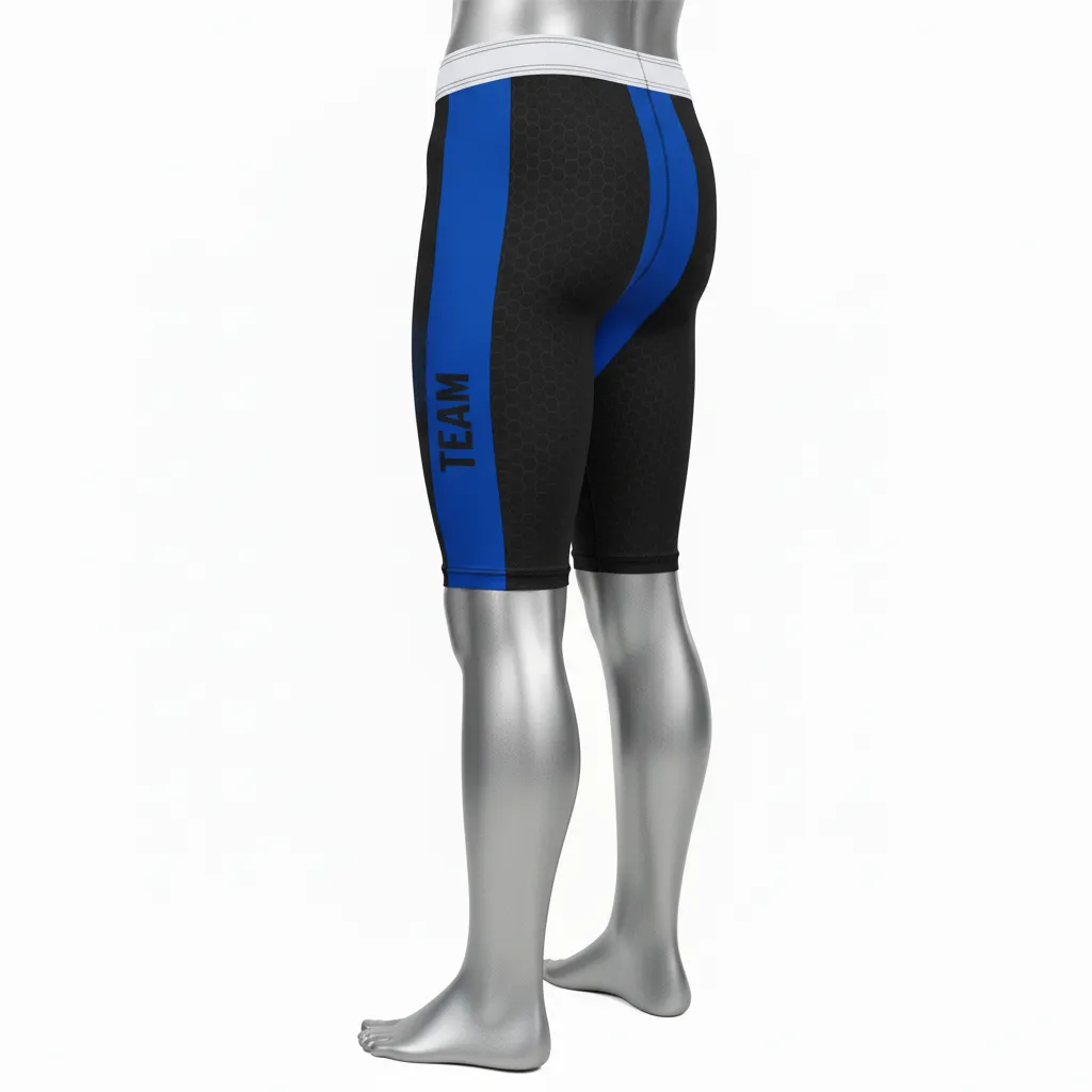 Custom Flag Football Flag Football Compression Shorts - Black - Royal Hexagon - Back View - Kinexa Sportswear