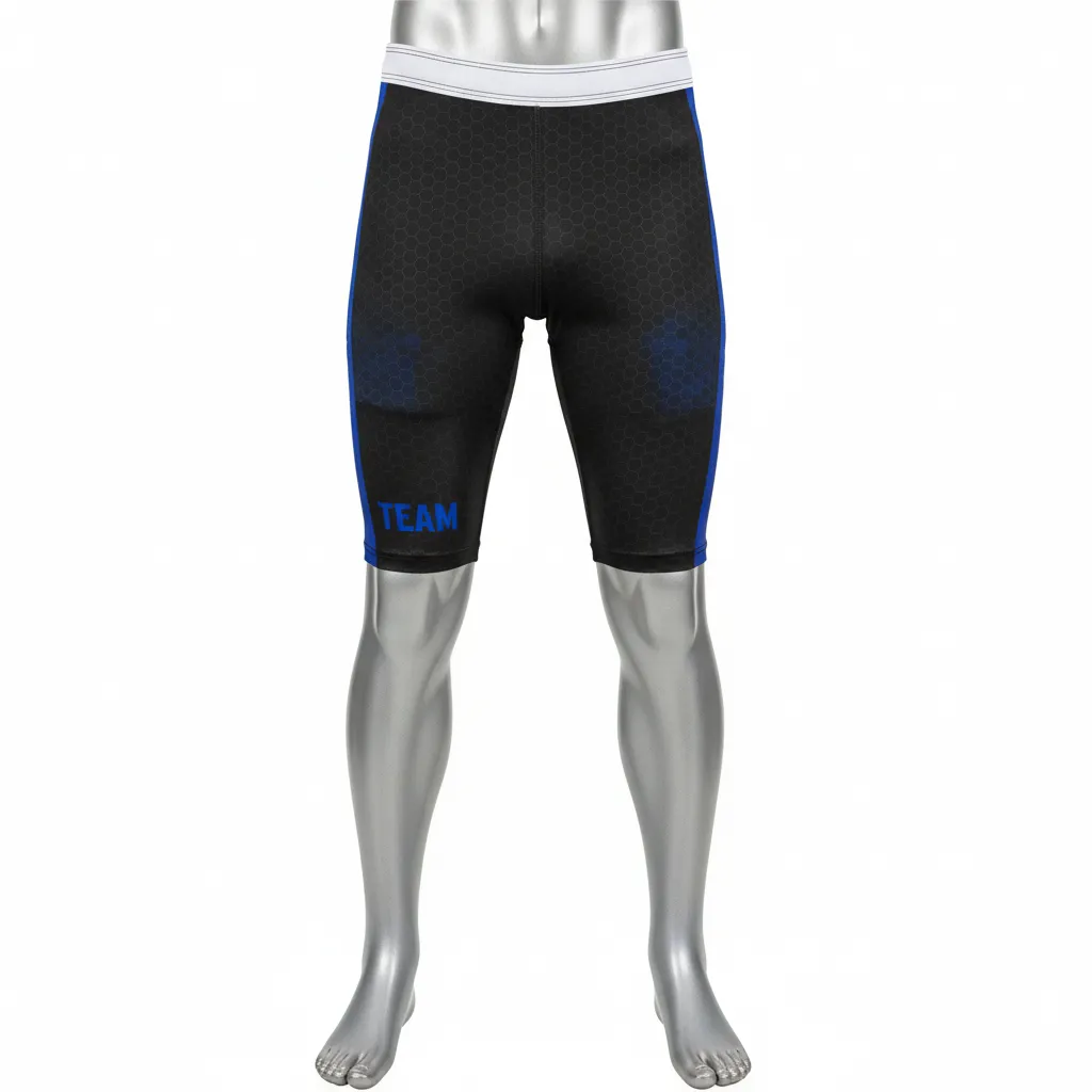 Custom Flag Football Flag Football Compression Shorts - Black - Royal Hexagon - Front View - Kinexa Sportswear
