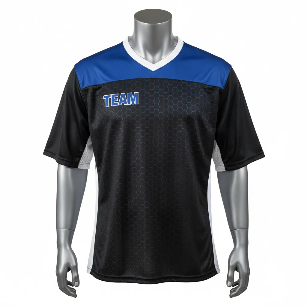 Custom Flag Football Flag Football Practice Jersey - Black - Athletic Royal Hexagon Yoke - Front View - Kinexa Sportswear