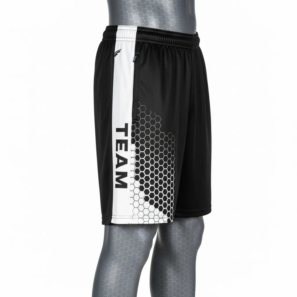 Custom Flag Football Flag Football Shorts - Black, White - Hexagon - Side View - Kinexa Sportswear