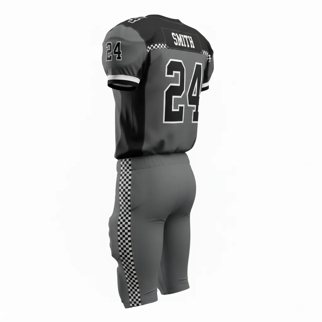 Custom Football Alternate Football Uniforms - Black - Charcoal Checkered Shoulders - Back View - Kinexa Sportswear