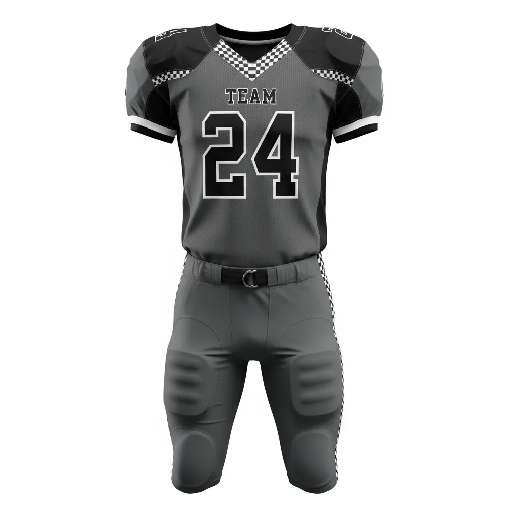 Custom Football Alternate Football Uniforms - Black - Charcoal Checkered Shoulders - Front View - Kinexa Sportswear