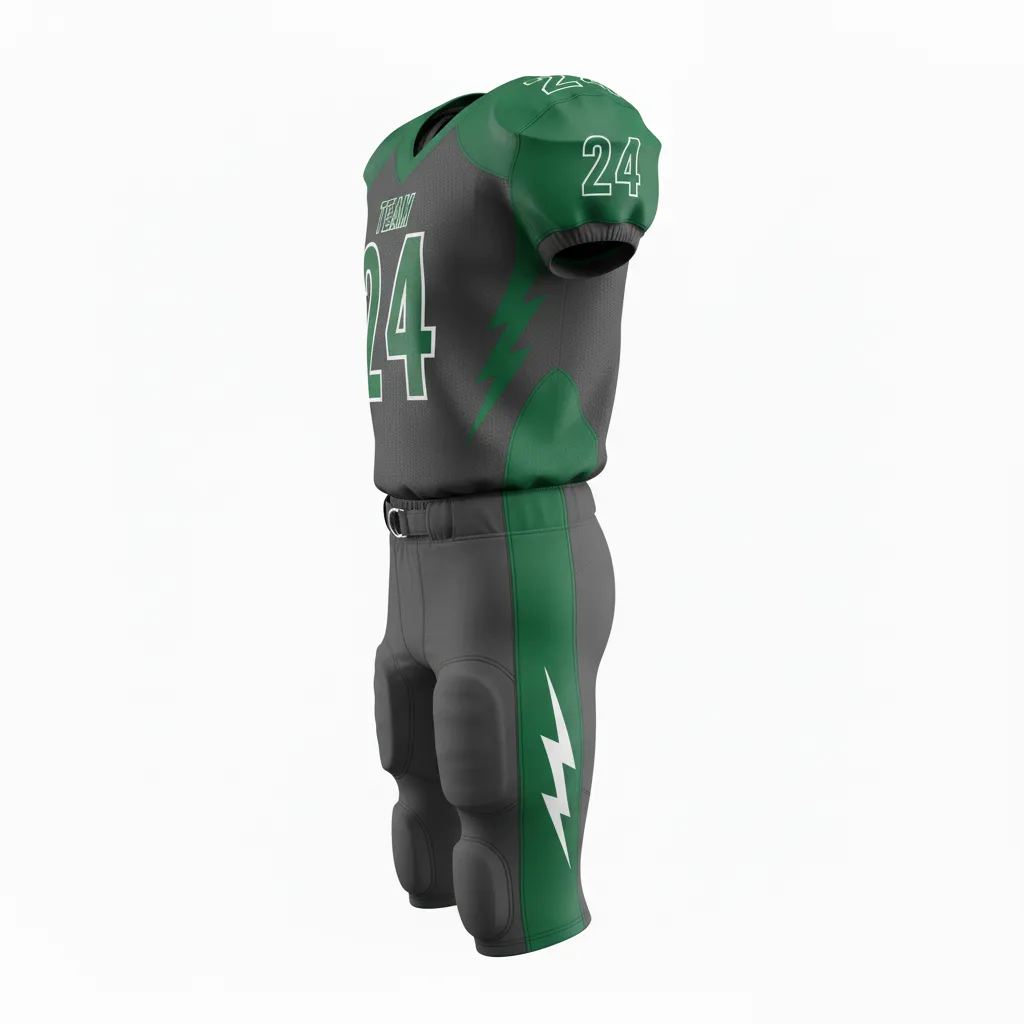 Custom Football Alternate Football Uniforms - Green - Charcoal Forest Shoulder Hem Stripe - Side View - Kinexa Sportswear