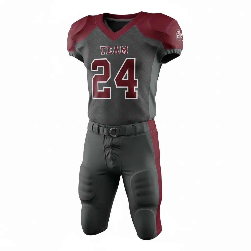 Custom Football Alternate Football Uniforms - Maroon - Charcoal Diamond Grid - Front View - Kinexa Sportswear