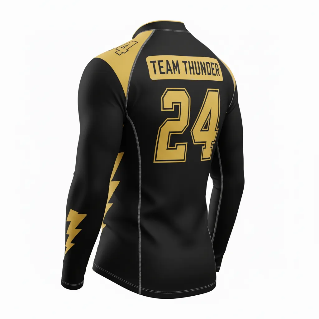 Custom Football Compression Shirt - Black, Gold - Vegas Lightning Bolt - Back View - Kinexa Sportswear
