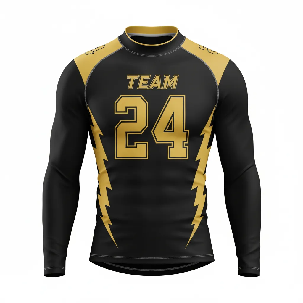Custom Football Compression Shirt - Black, Gold - Vegas Lightning Bolt - Front View - Kinexa Sportswear