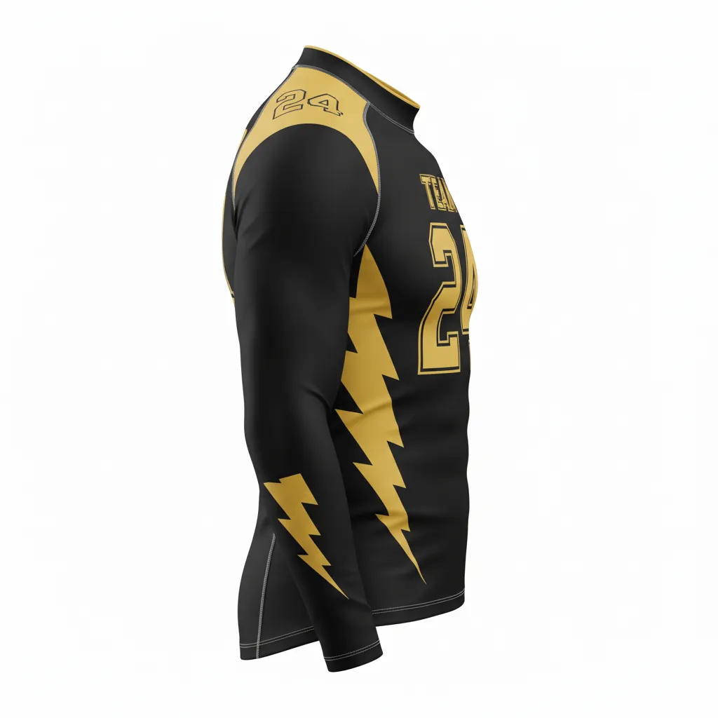 Custom Football Compression Shirt - Black, Gold - Vegas Lightning Bolt - Side View - Kinexa Sportswear