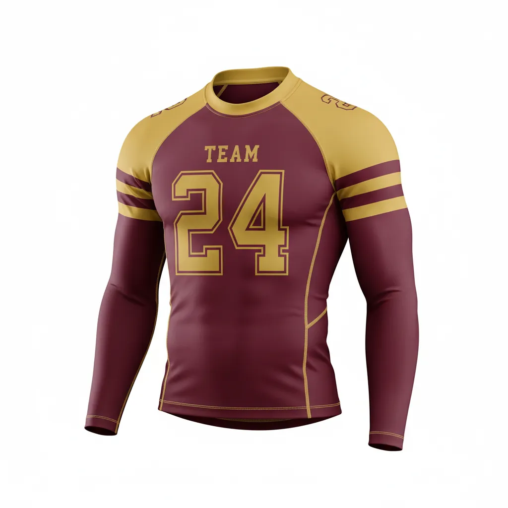 Custom Football Compression Shirt - Burgundy, Gold - Vegas Triple Stripe - Front View - Kinexa Sportswear