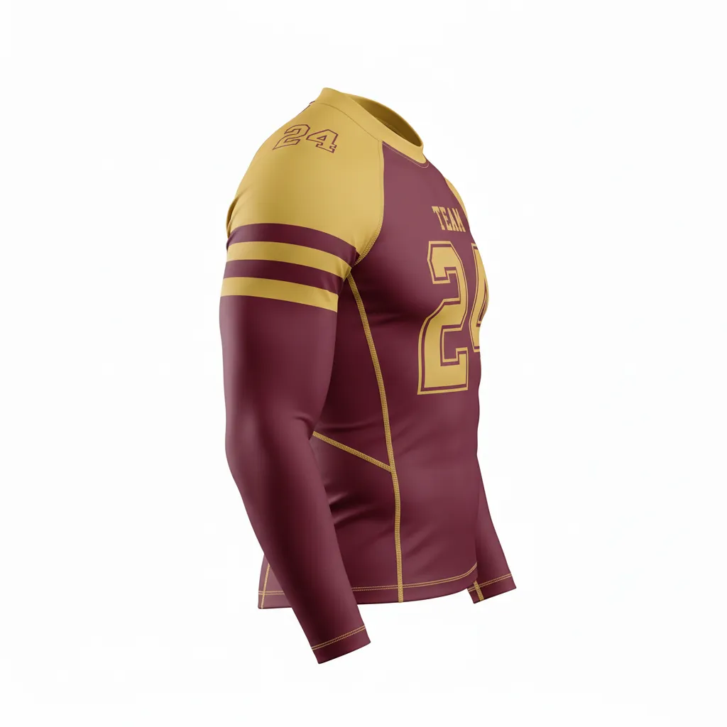 Custom Football Compression Shirt - Burgundy, Gold - Vegas Triple Stripe - Side View - Kinexa Sportswear