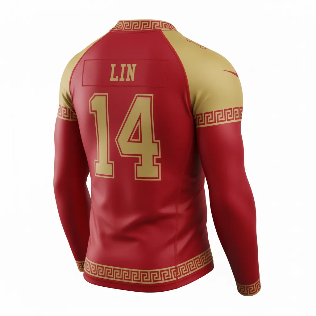 Custom Football Compression Shirt - Gold - Cardinal Vegas Greek Key - Back View - Kinexa Sportswear