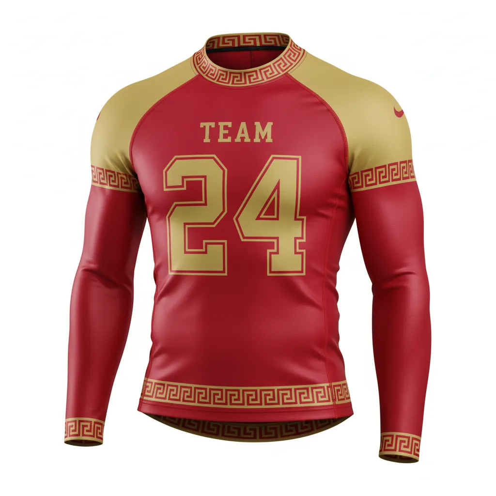 Custom Football Compression Shirt - Gold - Cardinal Vegas Greek Key - Front View - Kinexa Sportswear