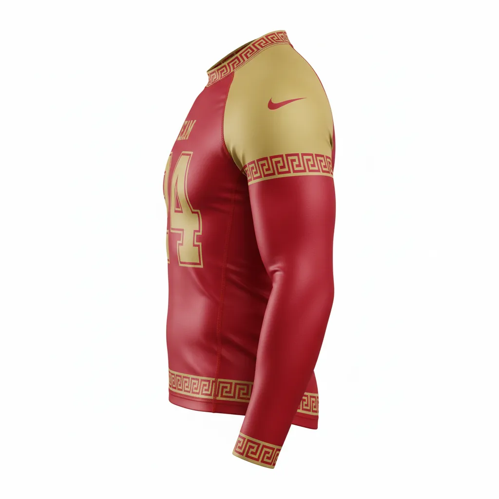 Custom Football Compression Shirt - Gold - Cardinal Vegas Greek Key - Side View - Kinexa Sportswear