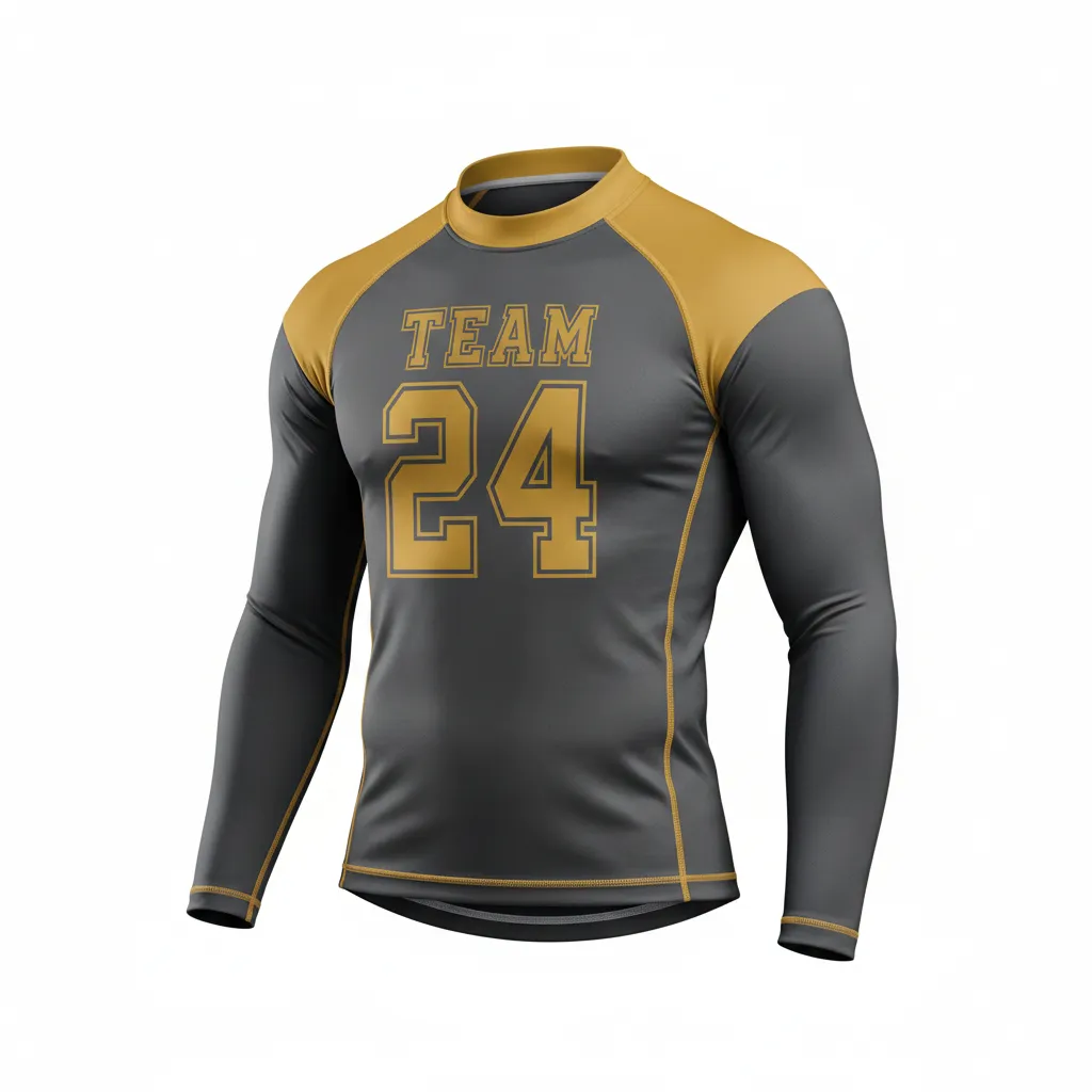 Custom Football Compression Shirt - Gold - Charcoal Vegas Shoulder - Front View - Kinexa Sportswear