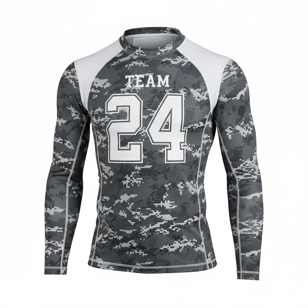 Custom Football Compression Shirt - White - Charcoal Digital Camo - Front View - Kinexa Sportswear