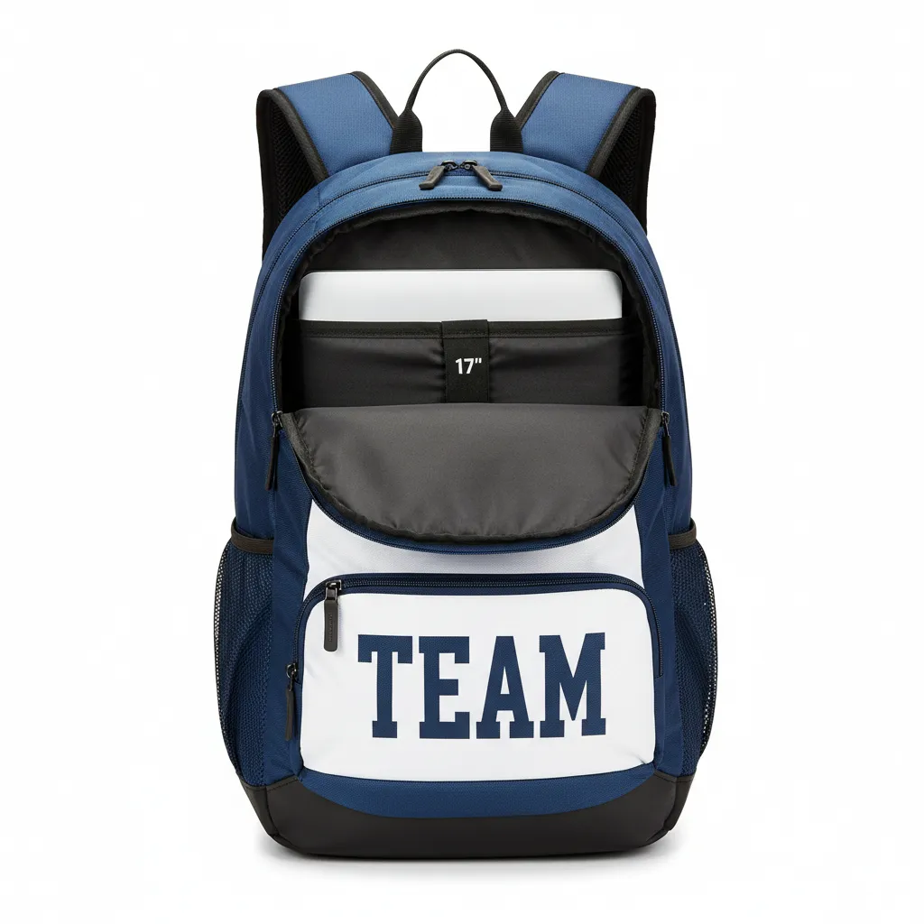 Custom Football Duffle Bag - Navy, White - Shoulder Yoke - Front View - Kinexa Sportswear