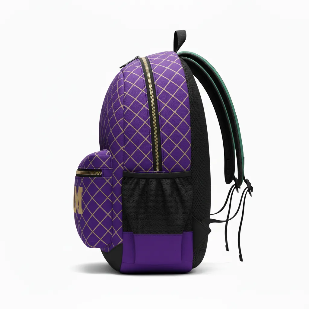 Custom Football Duffle Bag - Purple, Gold - Vegas Diamond Grid - Side View - Kinexa Sportswear