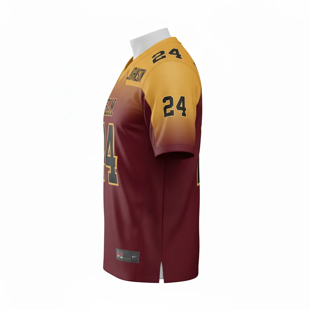 Custom Football Football Fan Jerseys - Maroon, Gold - Vegas Gradient - Side View - Kinexa Sportswear