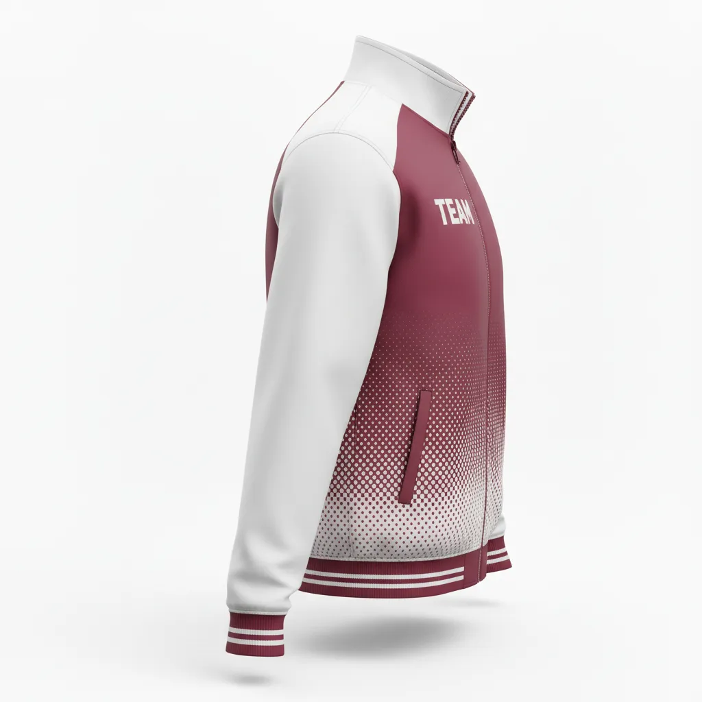 Custom Football Full Zip Hoodie - Burgundy, White - Track Halftone Dots - Side View - Kinexa Sportswear