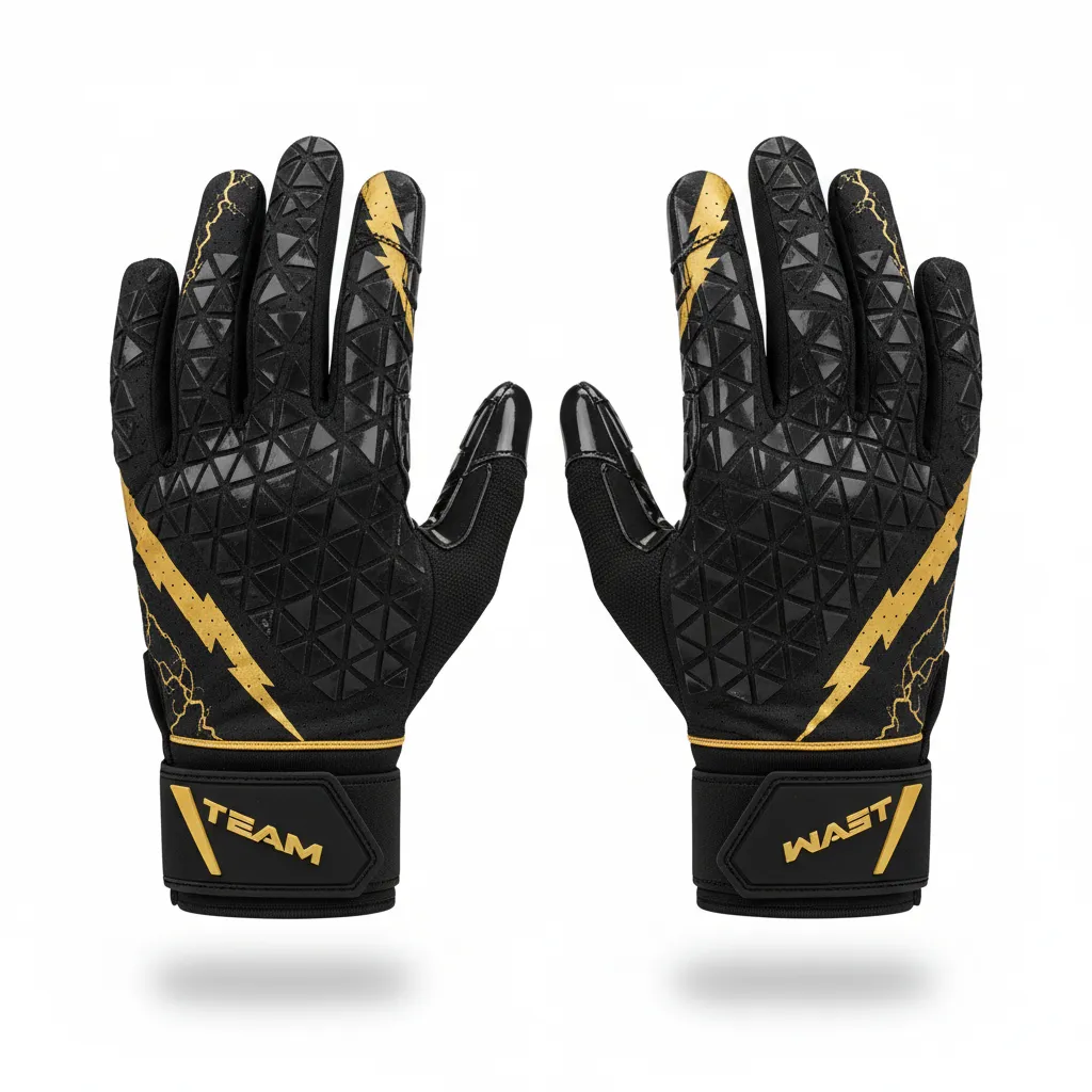 Custom Football Gloves - Black, Gold - Vegas Lightning Bolt - Front View - Kinexa Sportswear