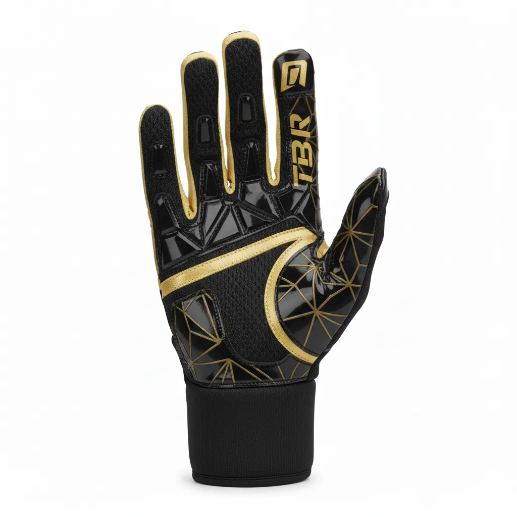 Custom Football Gloves - Black, Gold - Vegas Side Panel - Back View - Kinexa Sportswear