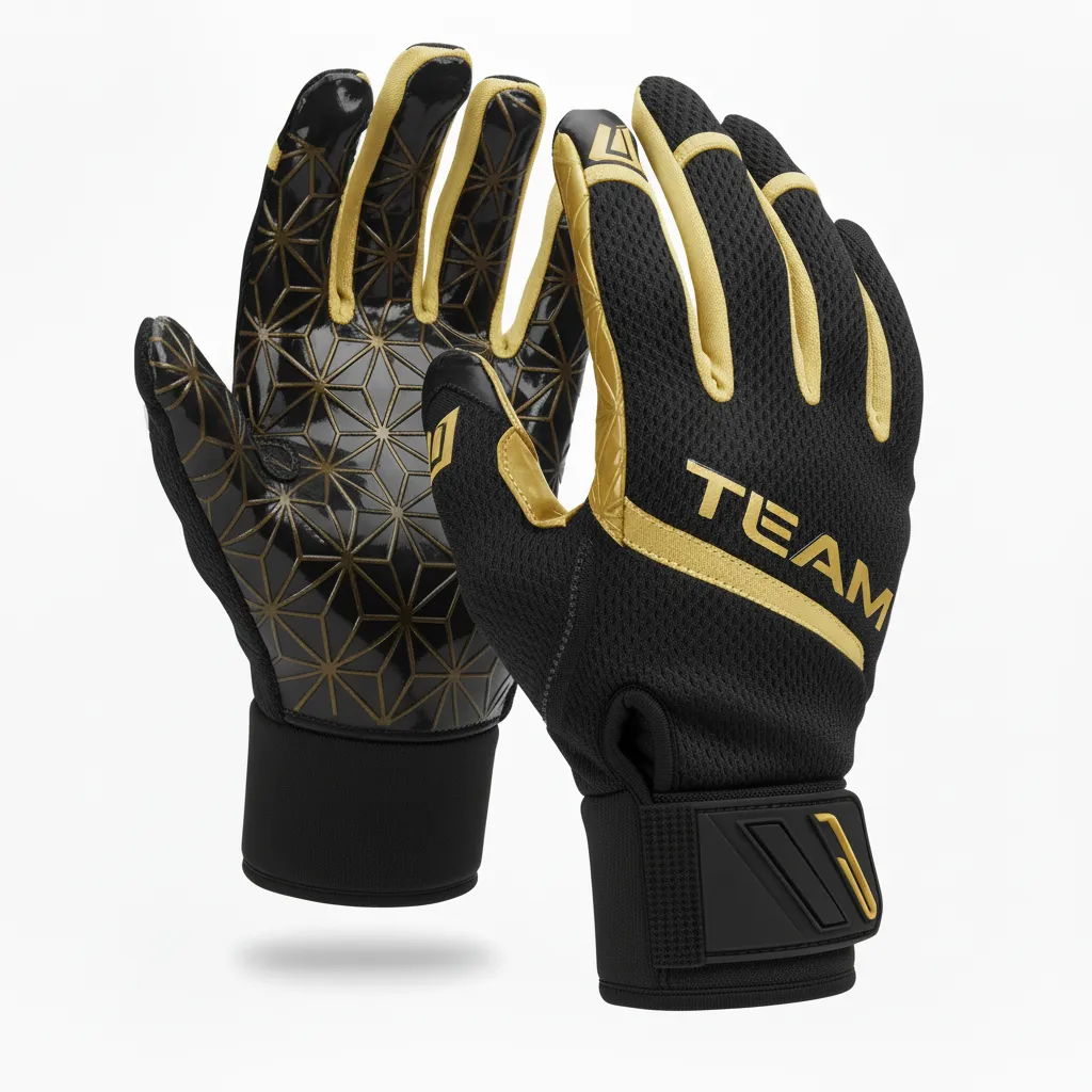 Custom Football Gloves - Black, Gold - Vegas Side Panel - Front View - Kinexa Sportswear