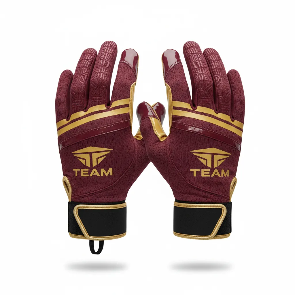 Custom Football Gloves - Burgundy, Gold - Vegas Triple Stripe - Front View - Kinexa Sportswear