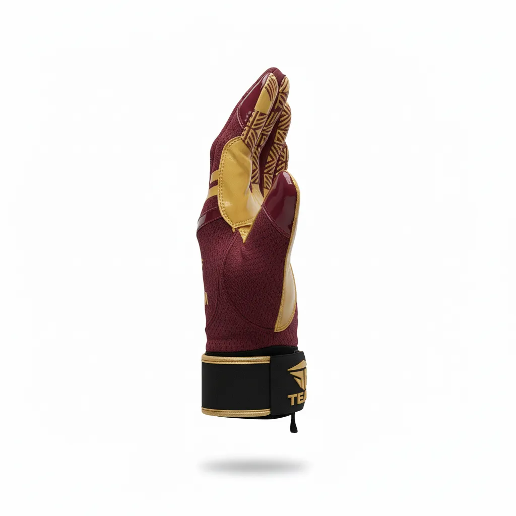Custom Football Gloves - Burgundy, Gold - Vegas Triple Stripe - Side View - Kinexa Sportswear