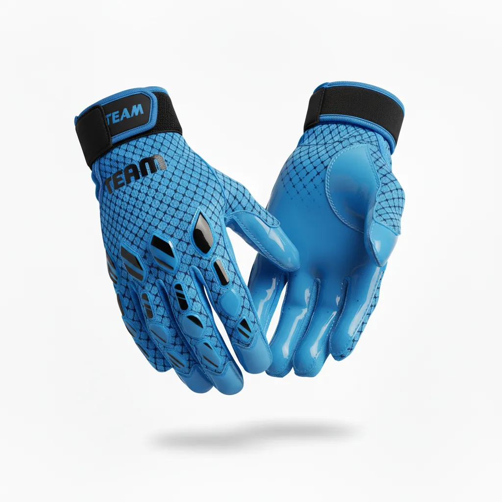 Custom Football Gloves - Blue, Navy - Columbia Hexagon - Front View - Kinexa Sportswear