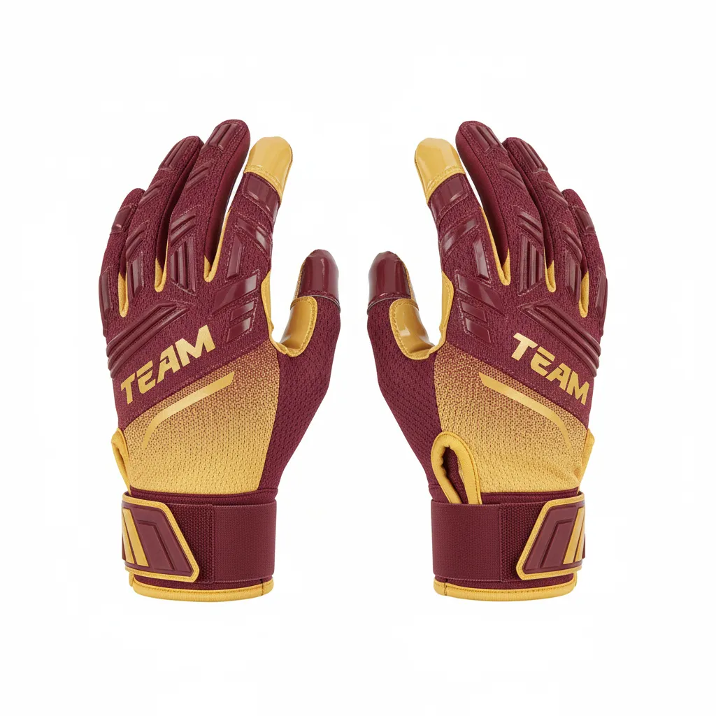 Custom Football Gloves - Maroon, Gold - Vegas Gradient - Front View - Kinexa Sportswear