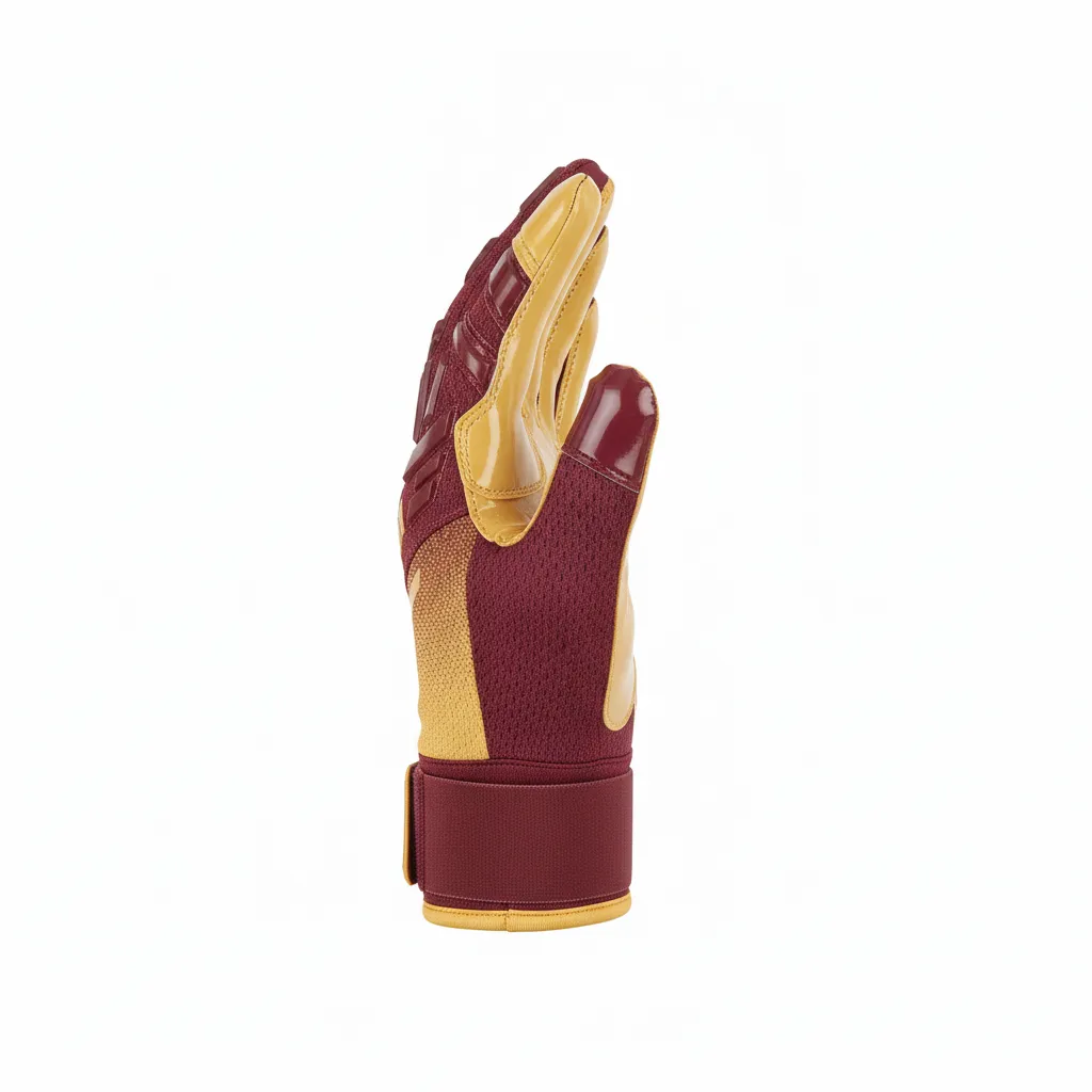 Custom Football Gloves - Maroon, Gold - Vegas Gradient - Side View - Kinexa Sportswear