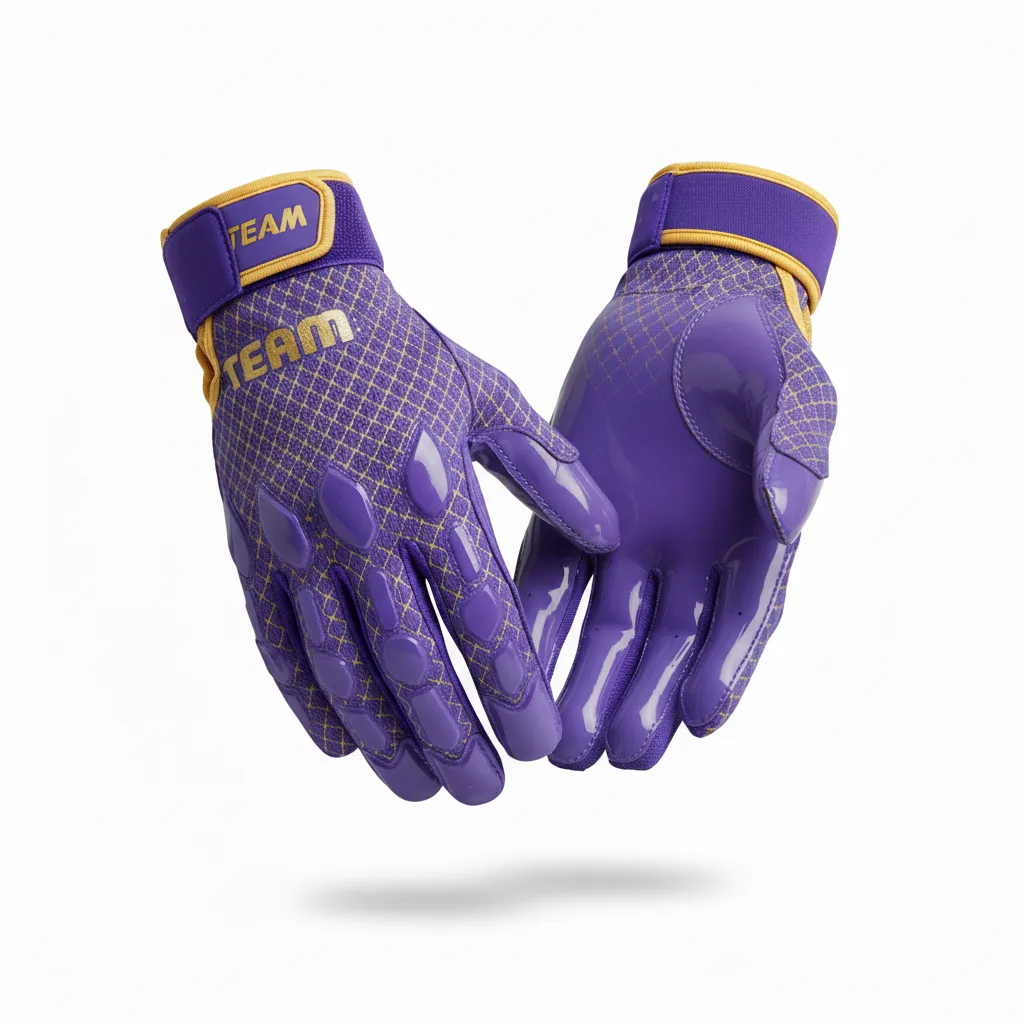Custom Football Gloves - Purple, Gold - Vegas Diamond Grid - Back View - Kinexa Sportswear