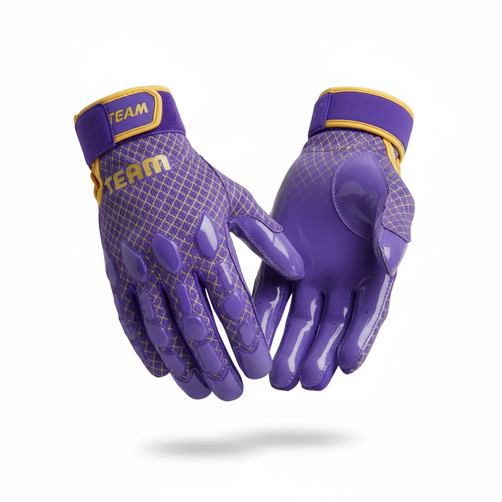 Custom Football Gloves - Purple, Gold - Vegas Diamond Grid - Front View - Kinexa Sportswear