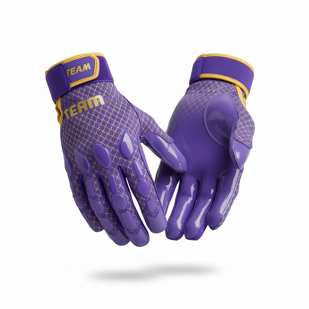 Custom Football Gloves - Purple, Gold - Vegas Diamond Grid - Side View - Kinexa Sportswear