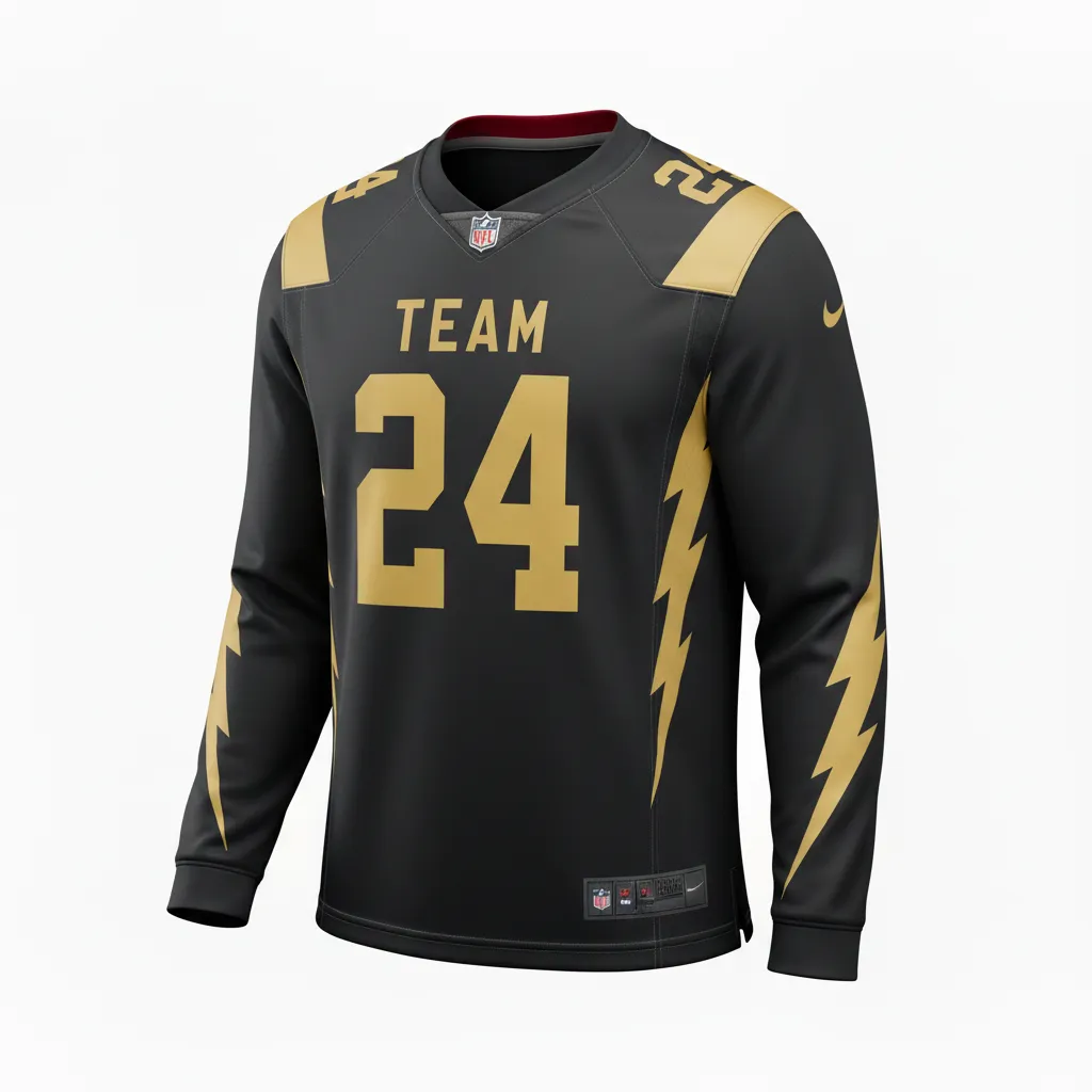 Custom Football Long Sleeve T Shirt - Black, Gold - Vegas Lightning Bolt - Front View - Kinexa Sportswear
