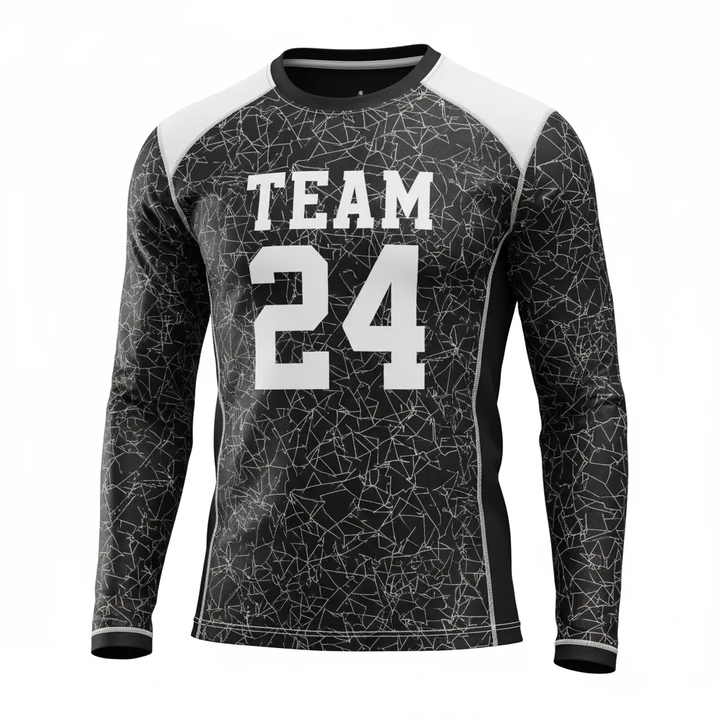 Custom Football Long Sleeve T Shirt - Black, White - Shattered Glass - Front View - Kinexa Sportswear