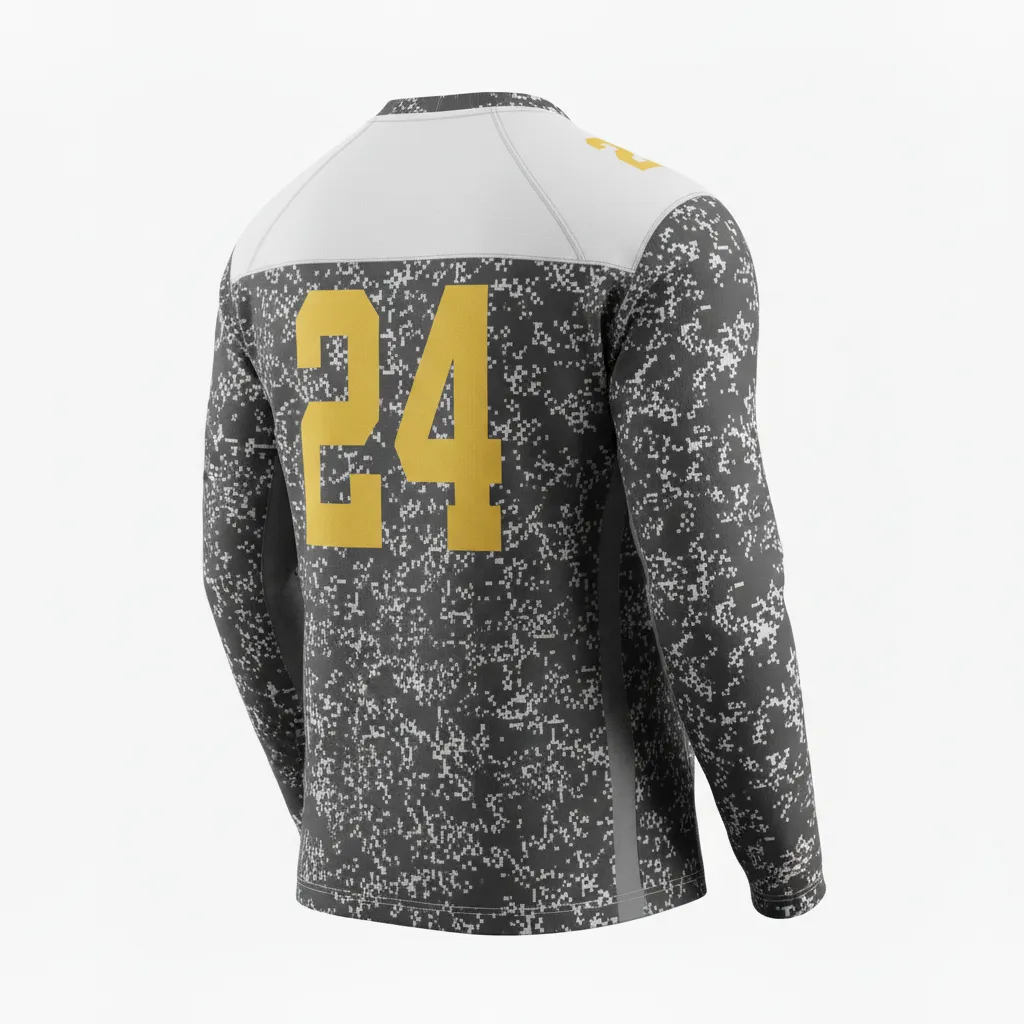 Custom Football Long Sleeve T Shirt - White - Charcoal Digital Camo - Back View - Kinexa Sportswear