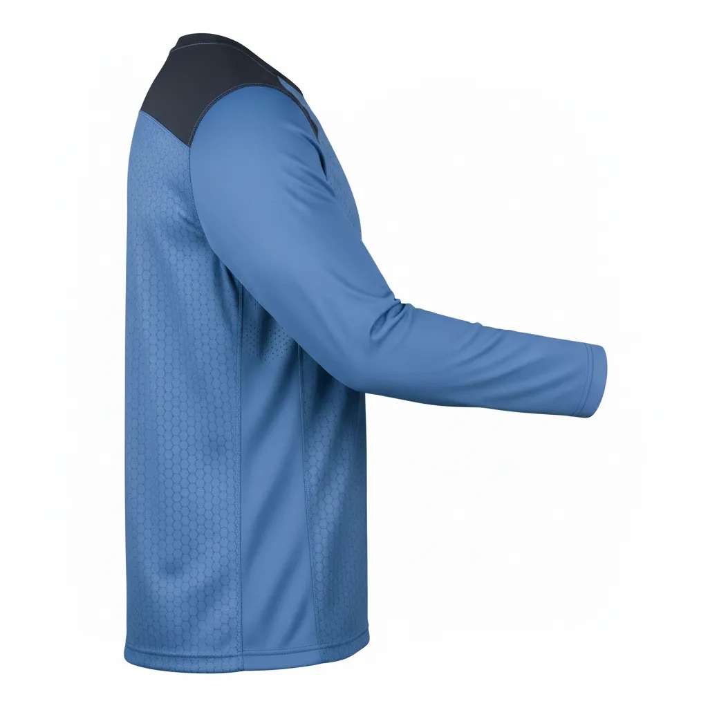 Custom Football Long Sleeve T Shirt - Blue, Navy - Columbia Hexagon - Side View - Kinexa Sportswear
