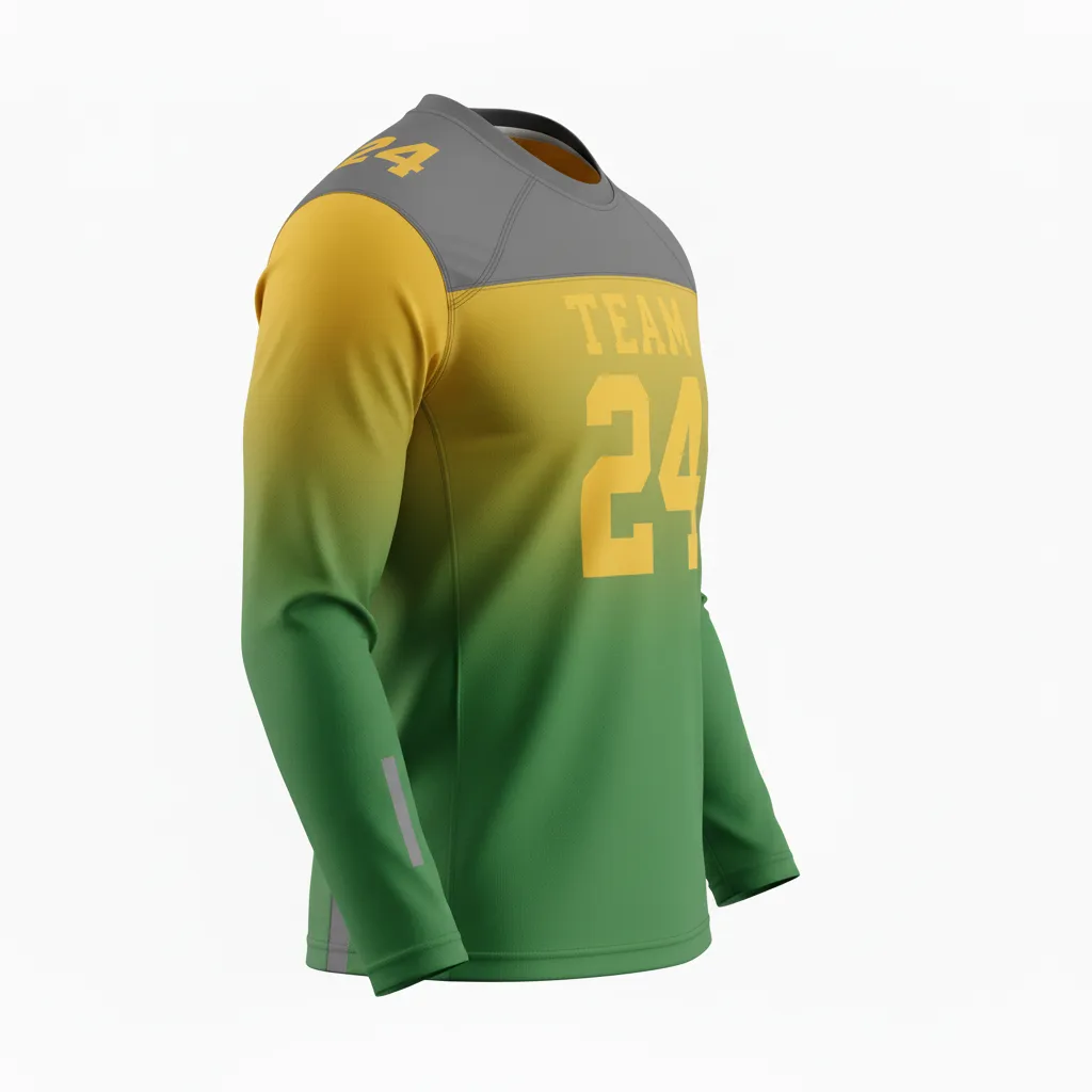 Custom Football Long Sleeve T Shirt - Green, Gold - Kelly Vegas Shoulder Fade - Back View - Kinexa Sportswear
