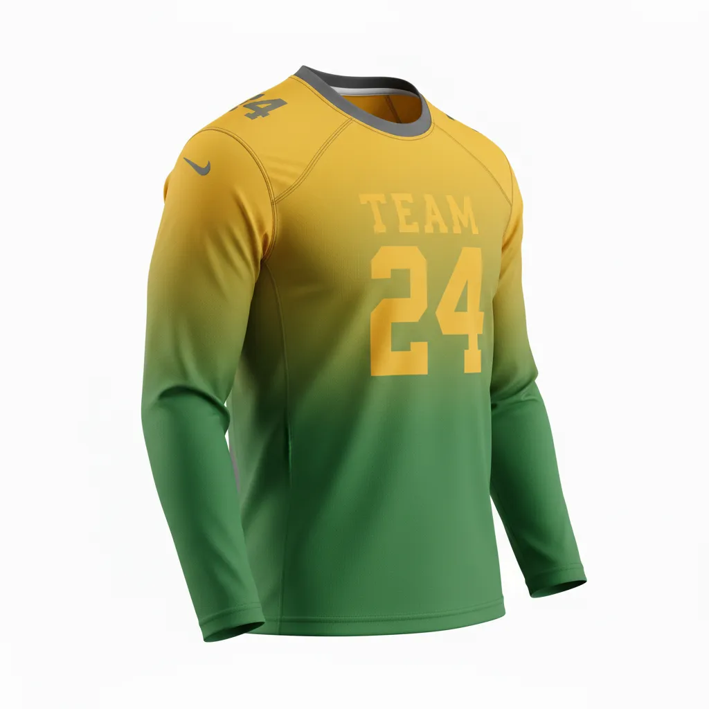 Custom Football Long Sleeve T Shirt - Green, Gold - Kelly Vegas Shoulder Fade - Front View - Kinexa Sportswear