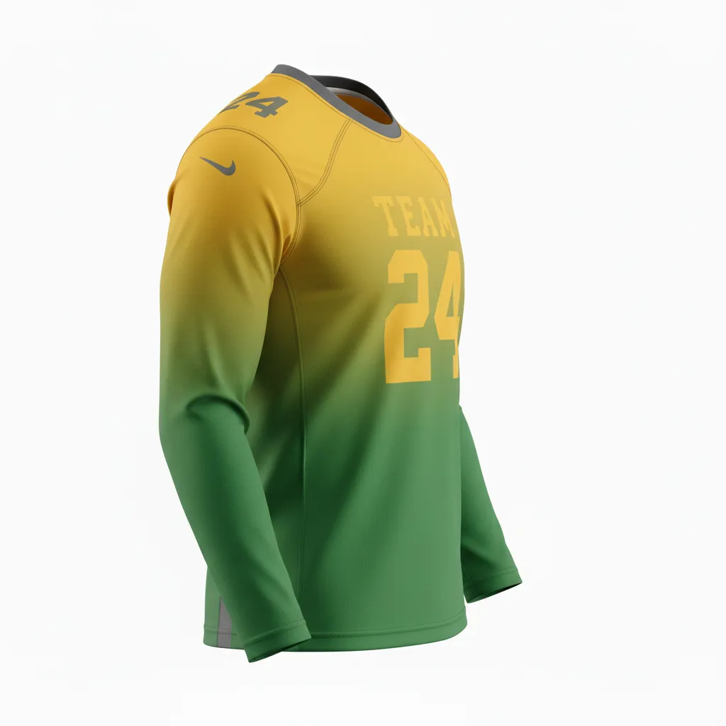 Custom Football Long Sleeve T Shirt - Green, Gold - Kelly Vegas Shoulder Fade - Side View - Kinexa Sportswear
