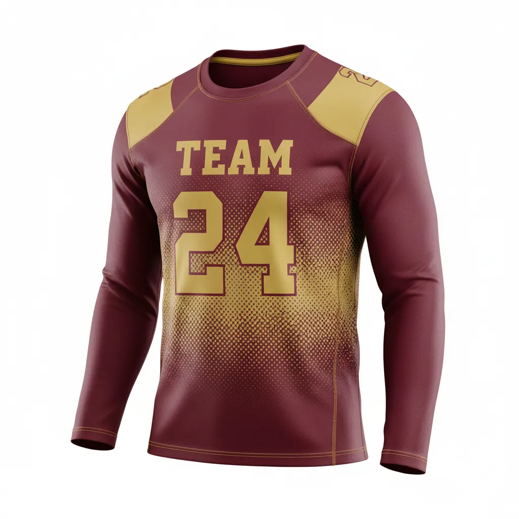 Custom Football Long Sleeve T Shirt - Maroon, Gold - Vegas Gradient - Front View - Kinexa Sportswear