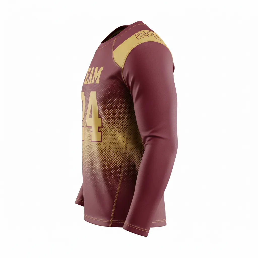 Custom Football Long Sleeve T Shirt - Maroon, Gold - Vegas Gradient - Side View - Kinexa Sportswear